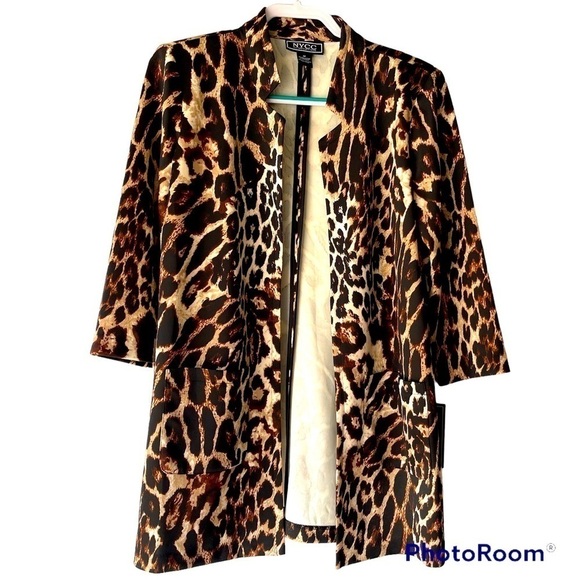 NYCC Women's' Long Leopard Animal Print Blazer Jacket Cardigan Open Front, Sz M - Picture 1 of 7